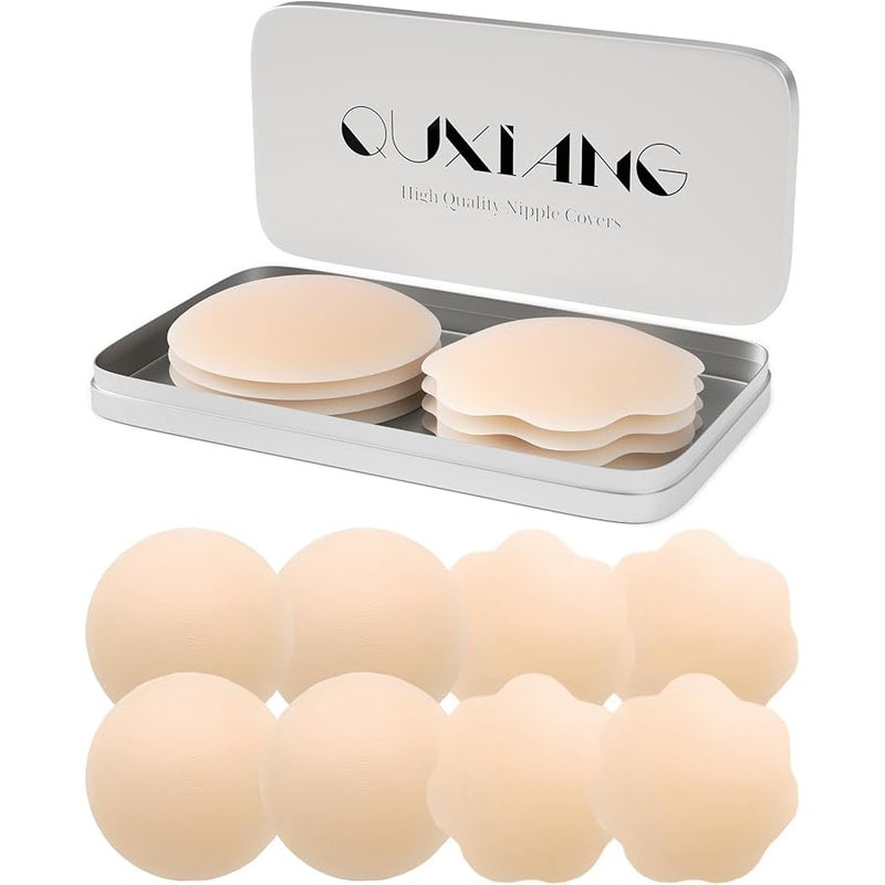 Quxiang 4 Pairs Women Reusable Self Adhesive Silicone Covers 2 Round + 2 Flowers, 01 Meat, L - Image 1
