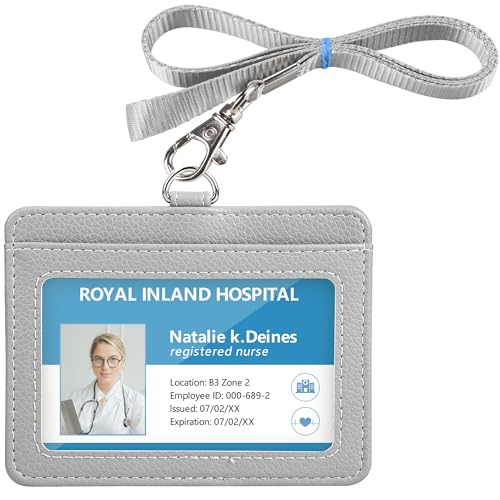 Teskyer Badge Holder with Lanyard, Leather ID Name Badge Card Holder with Lanyard for ID Badges, Horizontal, Lychee Pattern Grey - Image 1