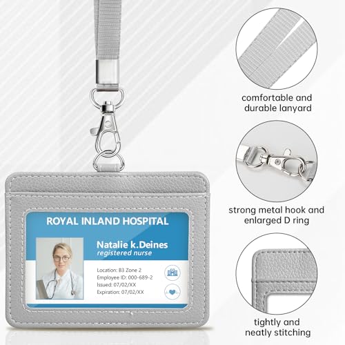 Teskyer Badge Holder with Lanyard, Leather ID Name Badge Card Holder with Lanyard for ID Badges, Horizontal, Lychee Pattern Grey - Image 3
