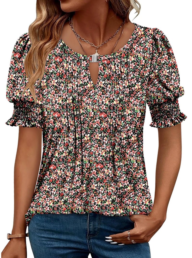 CRAZY GRID Womens Dressy Casual Tops Summer Business Work Shirts Puff Short Sleeve Dress Blouse Pleated Loose Office Tunic Keyhole Tshirt Printed Floral Warm Red S - Image 1