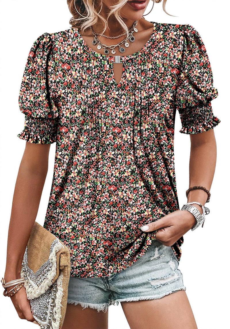 CRAZY GRID Womens Dressy Casual Tops Summer Business Work Shirts Puff Short Sleeve Dress Blouse Pleated Loose Office Tunic Keyhole Tshirt Printed Floral Warm Red S - Image 4