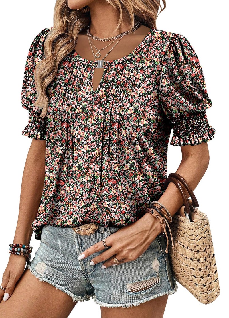 CRAZY GRID Womens Dressy Casual Tops Summer Business Work Shirts Puff Short Sleeve Dress Blouse Pleated Loose Office Tunic Keyhole Tshirt Printed Floral Warm Red S - Image 5