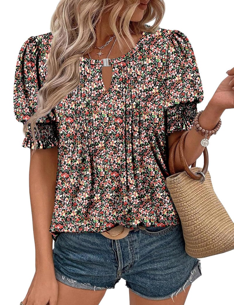 CRAZY GRID Womens Dressy Casual Tops Summer Business Work Shirts Puff Short Sleeve Dress Blouse Pleated Loose Office Tunic Keyhole Tshirt Printed Floral Warm Red S - Image 2