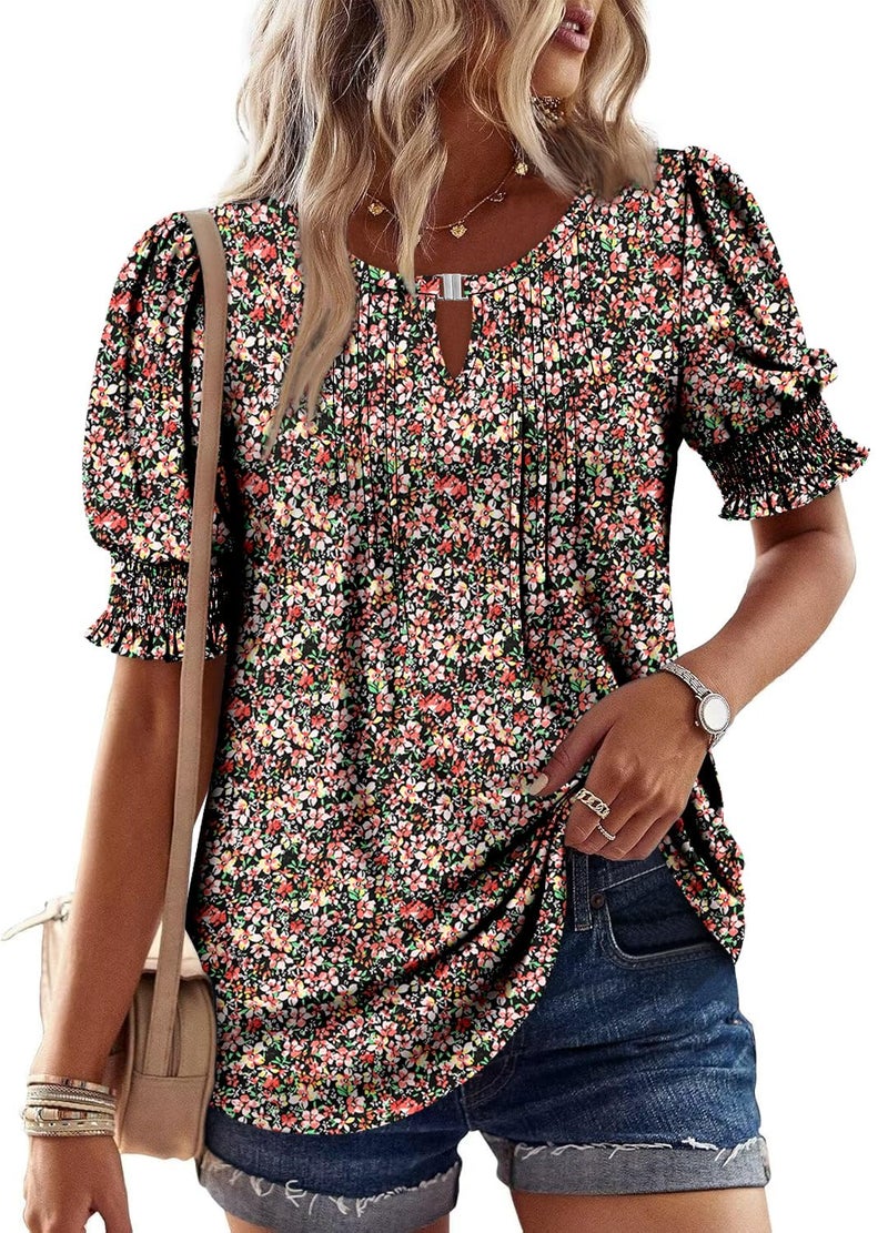 CRAZY GRID Womens Dressy Casual Tops Summer Business Work Shirts Puff Short Sleeve Dress Blouse Pleated Loose Office Tunic Keyhole Tshirt Printed Floral Warm Red S - Image 3