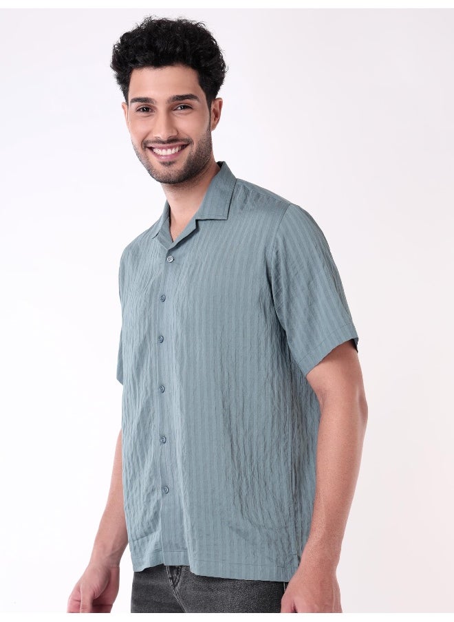 Beyoung Bluish Grey Striped Casual Shirt for Men  - Image 1