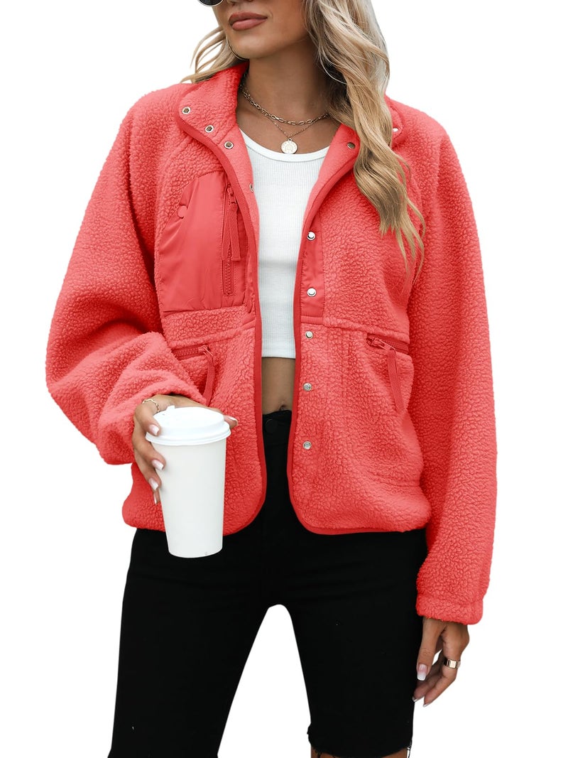 Yanekop Sherpa Jacket Women Fall Winter Faux Fur Coat Fuzzy Fleece Jacket Button Up Cozy Sweaters Warm Winter Clothes(A Coral,L) - Image 1