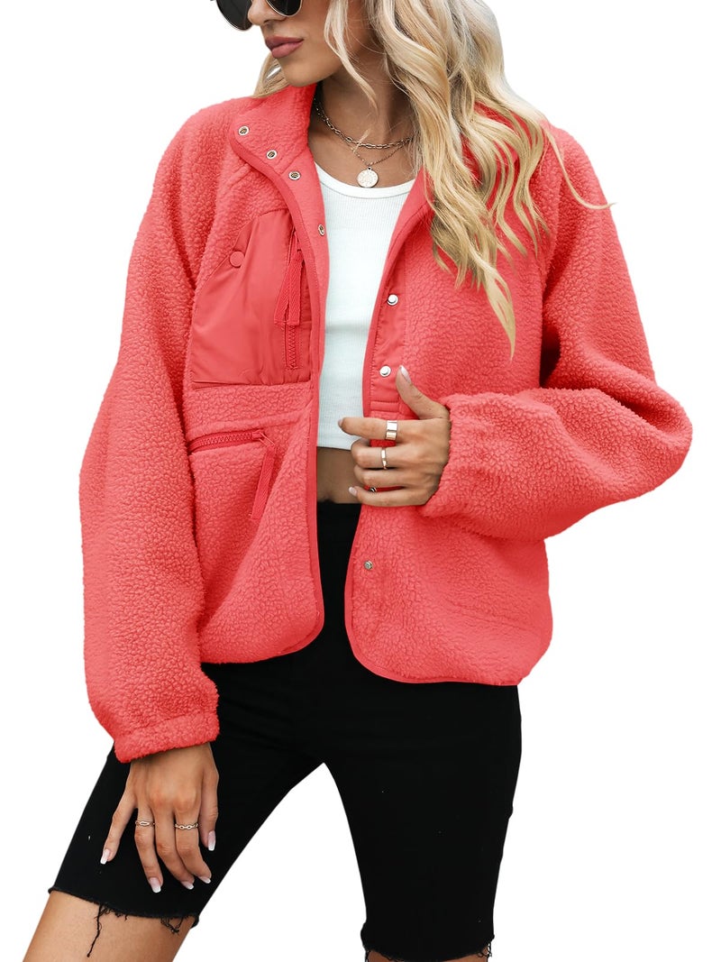 Yanekop Sherpa Jacket Women Fall Winter Faux Fur Coat Fuzzy Fleece Jacket Button Up Cozy Sweaters Warm Winter Clothes(A Coral,L) - Image 2