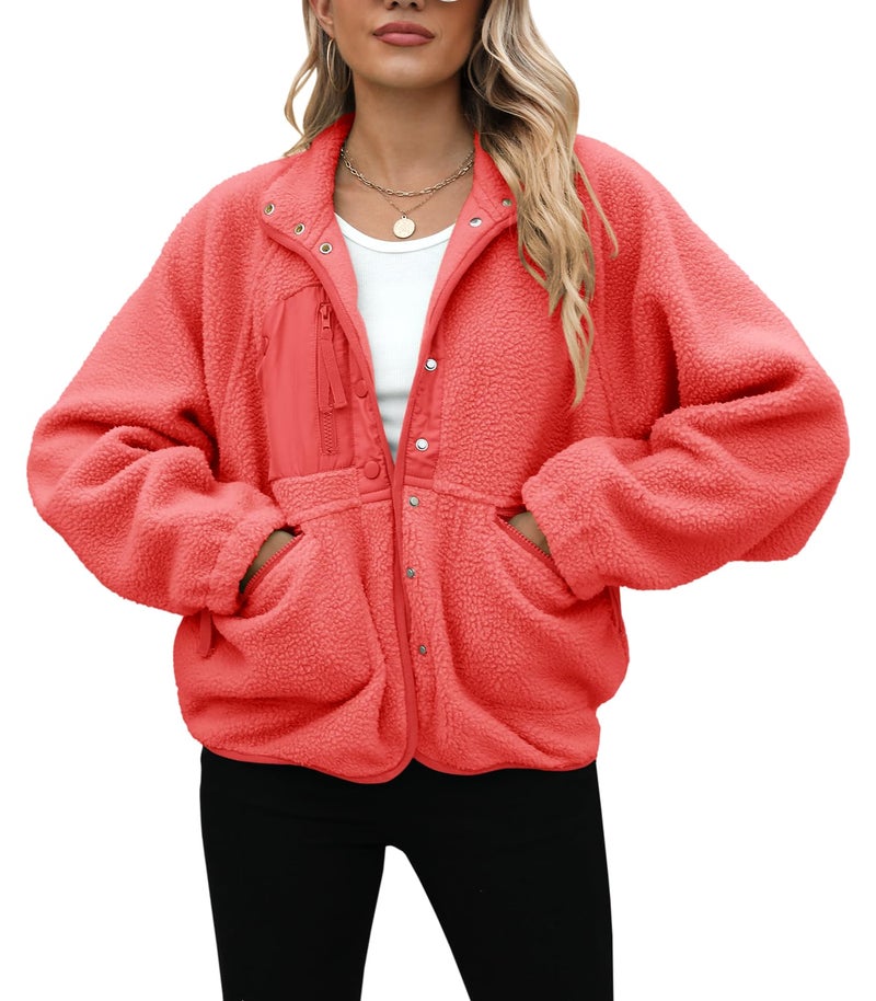 Yanekop Sherpa Jacket Women Fall Winter Faux Fur Coat Fuzzy Fleece Jacket Button Up Cozy Sweaters Warm Winter Clothes(A Coral,L) - Image 3