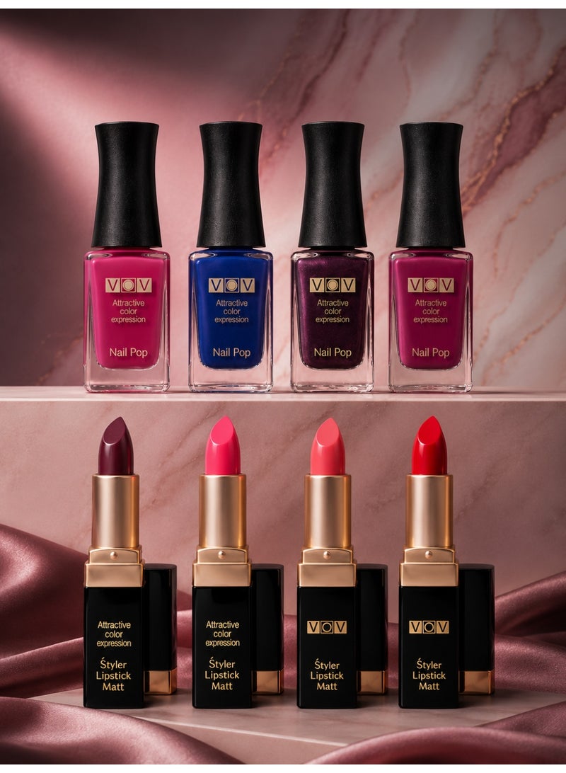 An 8-piece set featuring stunning nail polish shades and vibrant lipsticks.