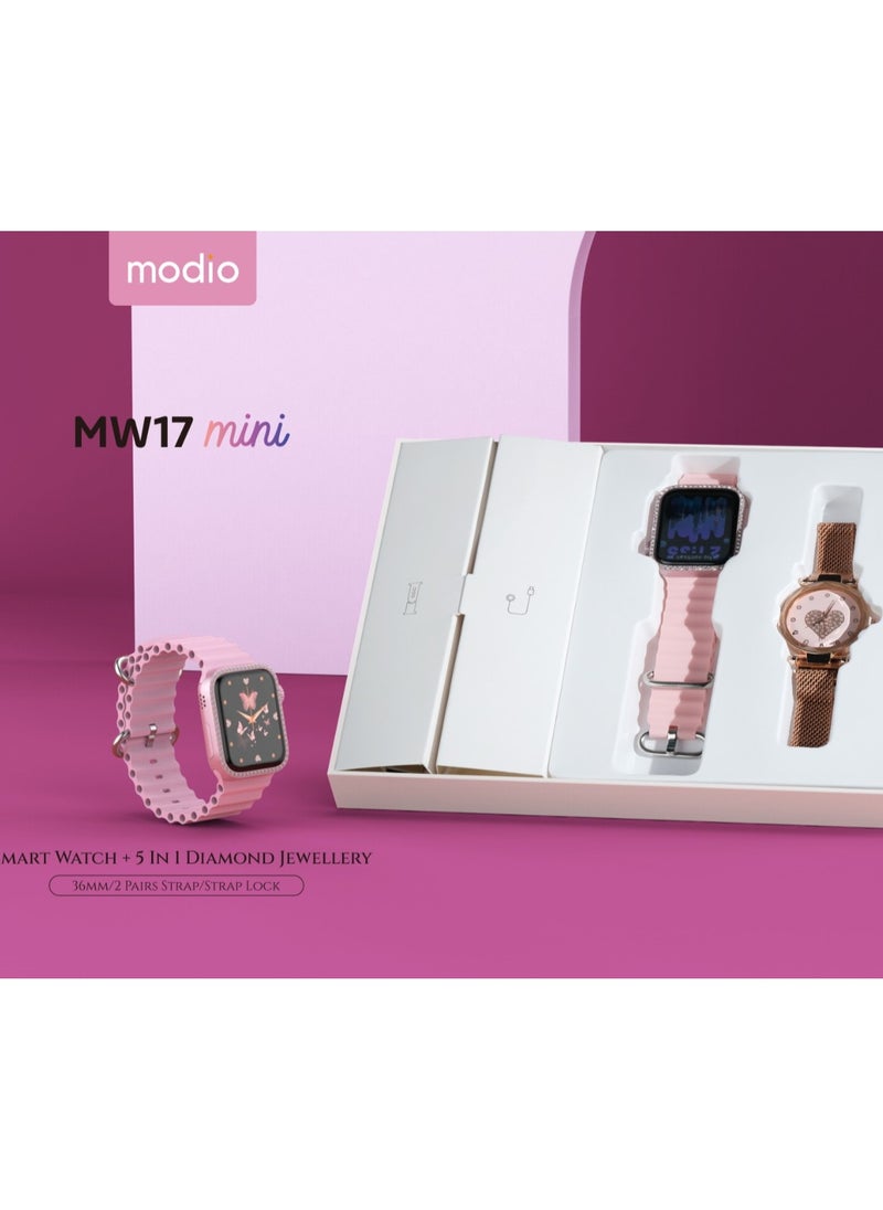 Modio MW17 Mini  Ladies Smart Watch with 36mm Display  2 Pair Strap and 5 in 1 Diamond Jewellery Combo Pink