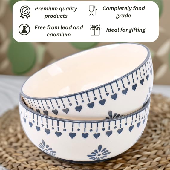 Niyara Handmade Ceramic Bowls | Multipurpose Serving Bowls for Soup, Cereal, Salad, Snacks | Microwave & Dishwasher Safe (Set of 2) (Grey jhalar) - Image 3