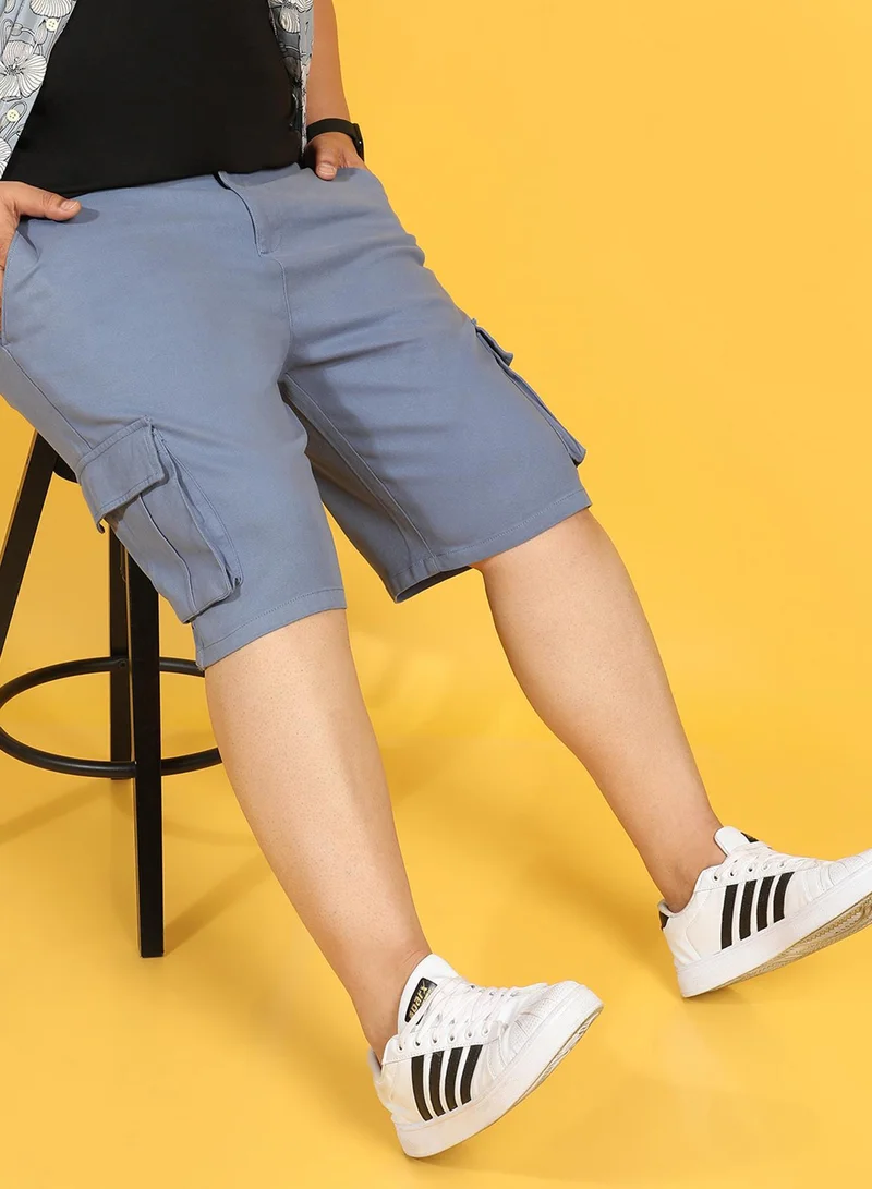 Instafab Plus Instafab Plus Men's Blue Cargo Shorts For Casual Wear | 6 Pockets | Plus Size Fit | Button Closure | Cotton Poly Cargo Shorts Crafted With Comfort Fit For Everyday Wear