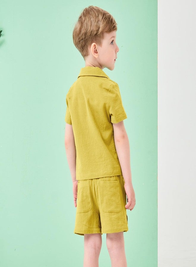 Volunboy Baby Boy Summer Outfit Beach Essentials Yellow Short Sleeve Cotton Linen Shorts Set 2-3T Family Outfits Matching Sets (Yellow, 2-3T) - Image 4