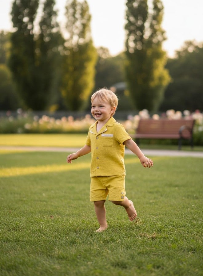 Volunboy Baby Boy Summer Outfit Beach Essentials Yellow Short Sleeve Cotton Linen Shorts Set 2-3T Family Outfits Matching Sets (Yellow, 2-3T) - Image 2