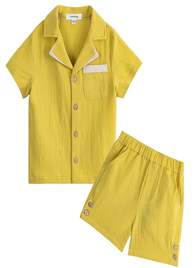 Volunboy Baby Boy Summer Outfit Beach Essentials Yellow Short Sleeve Cotton Linen Shorts Set 2-3T Family Outfits Matching Sets (Yellow, 2-3T) - Image 1