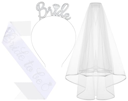 Papoopy 3Pcs Bride to Be Headband with Sash and Veil for Bachelorette Party Decorations, Bridal Shower Accessories for Gift, Favors - Image 1