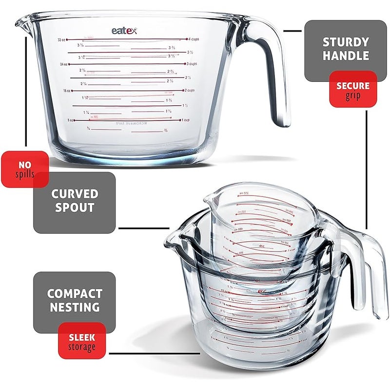 Eatex Glass Measuring Cups Set of 3 - Liquid Measuring Cups, Glass Measuring Cup Set - 1,2,4 Cup Measuring Cup - Dishwasher Oven, Microwave Safe Measure Cups - Image 4