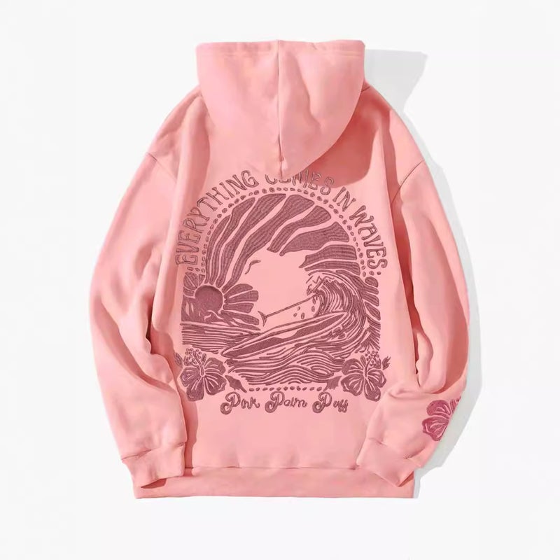 Foreign Trade Womens Fleece-lined Sweatshirt Palm Printed Kangaroo Pocket Drawstring Printed Hoodie Pink - Image 2