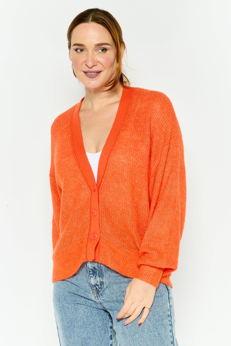ESPRIT Women V-Neck Textured Cardigan, Orange - Image 1