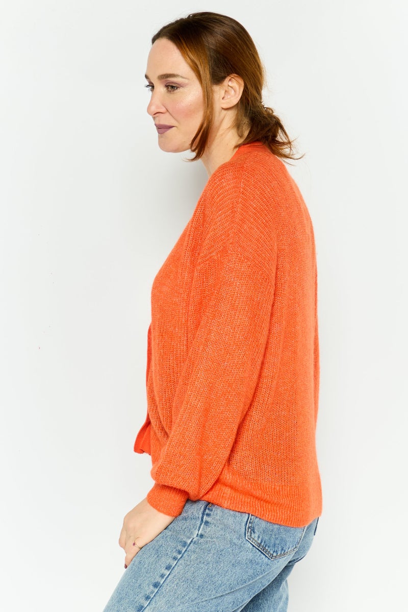 ESPRIT Women V-Neck Textured Cardigan, Orange - Image 3