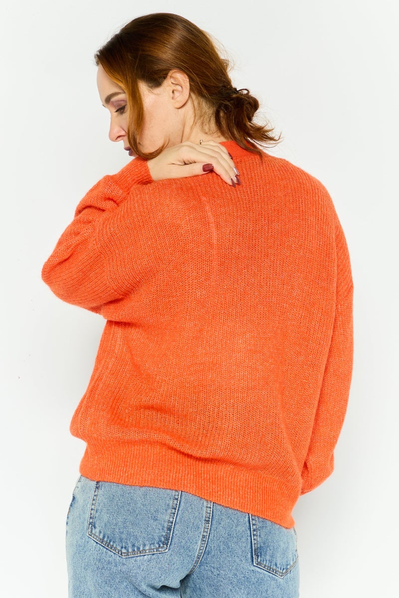 ESPRIT Women V-Neck Textured Cardigan, Orange - Image 4