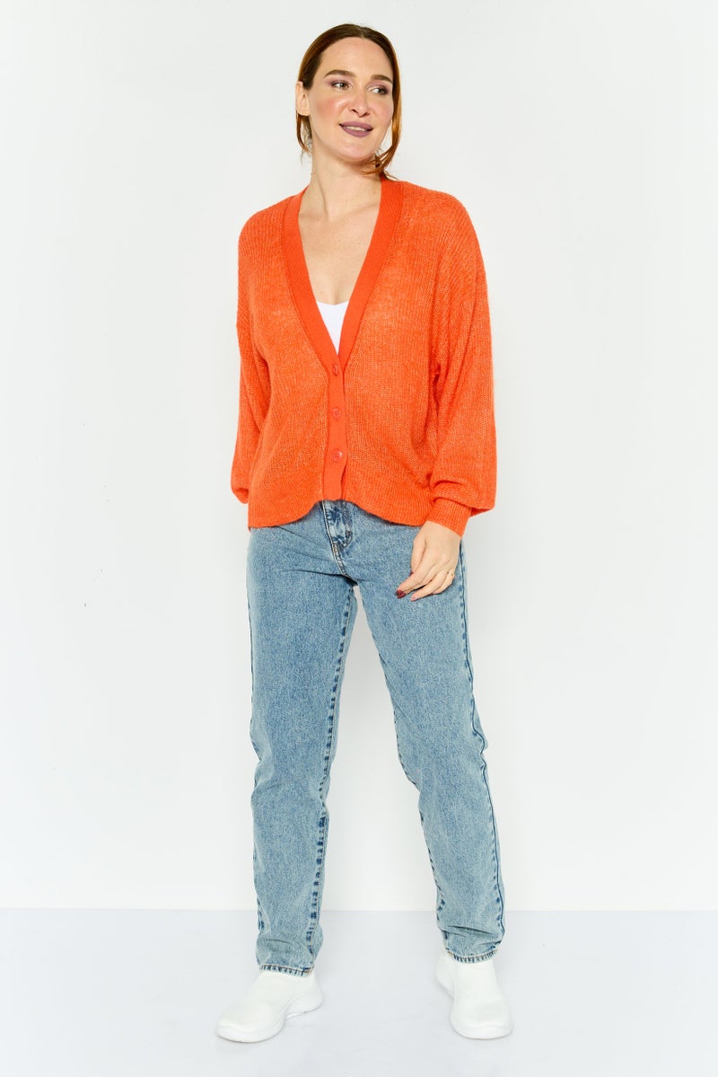 ESPRIT Women V-Neck Textured Cardigan, Orange - Image 2