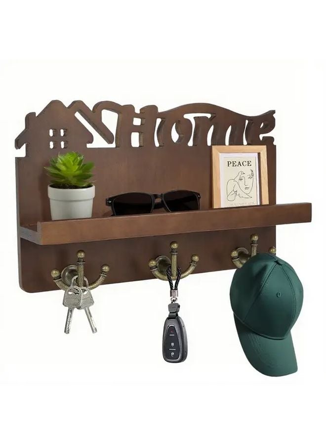 Dark Wood Key Holder With 3 Hooks Wall Mounted Entryway Living Room Kitchen Storage Rack - Image 2