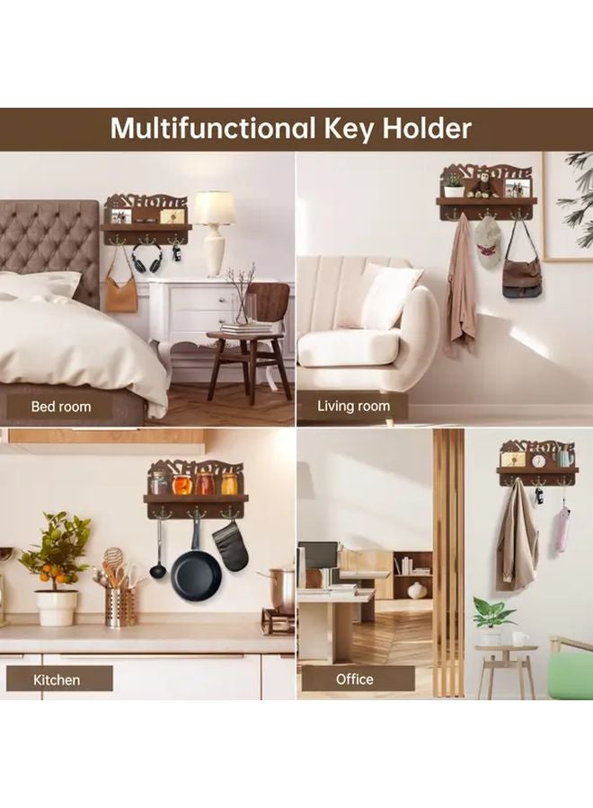Dark Wood Key Holder With 3 Hooks Wall Mounted Entryway Living Room Kitchen Storage Rack - Image 5