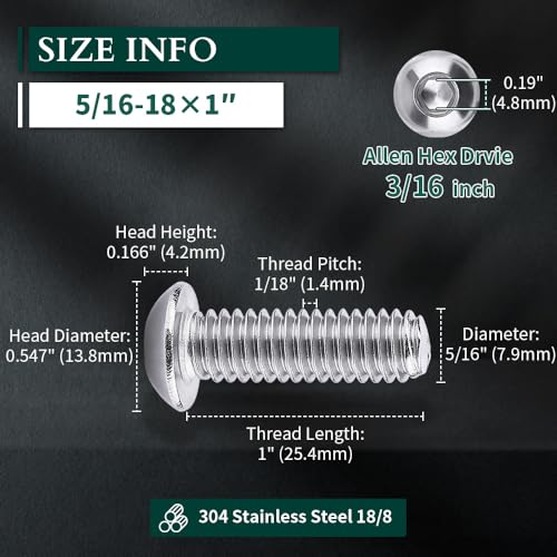 EASTLO براغي رأس زرية 5/16-18 × 1" من الفولاذ المقاوم للصدأ 304 18-8، خيوط كاملة، خيوط خشنة، محرك ألين سداسي، 50 قطعة - Image 3