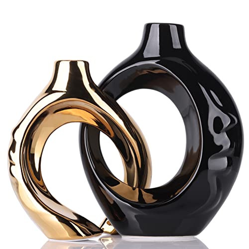 GAOSHENG Black Gold Ceramic Vase Set of 2 for Modern Home DecorRound Boho Vase for Pampas GrassNeutral Minimalist Statue for Dining Room Table Centerpiece Dining RoomWedding Table Decoration - Image 1