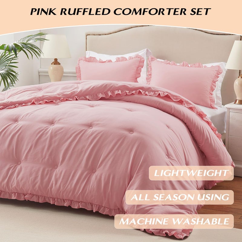 HARBOREST Queen Comforter Set - Pink Ruffle Comforter for Queen Size Bed, Fluffy Comforter Set, 3 Pieces Shabby Chic Bedding with 1 Comforter & 2 Pillow Shams - Image 2