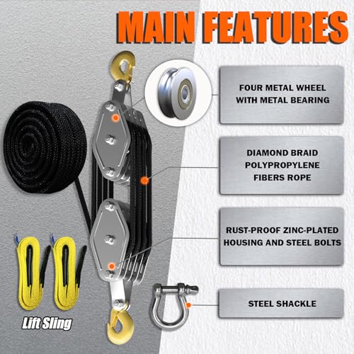 YATOINTO Upgraded Rope Hoist Pulley System 4400LBS Block and Tackle with 304 Stainless Steel Shackle 2PCS Lift Sling 81 Power 65ft Heavy Duty Pulley Block for Lifting Garage Warehouses Building - Image 3
