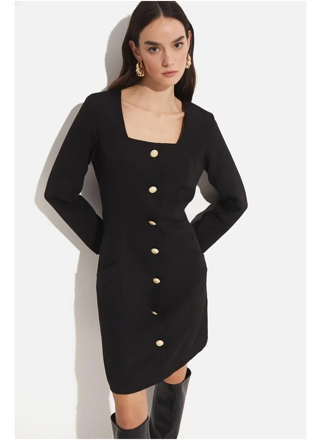 جون June Button Detailed Dress Black