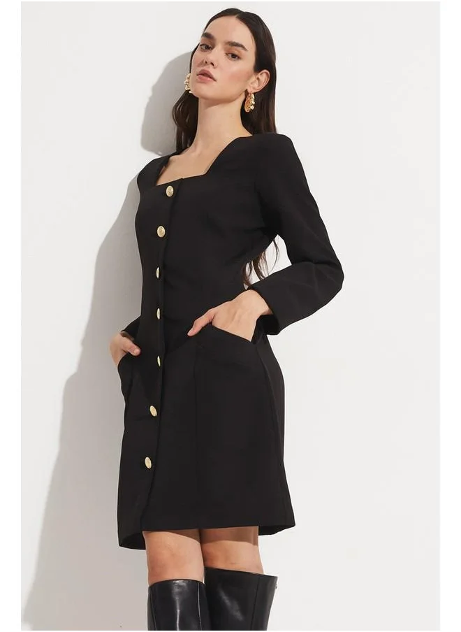 جون June Button Detailed Dress Black