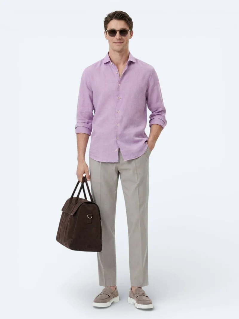 Kip Lilac Plain Regular Fit Long Weaving Casual Cotton Blended Shirt