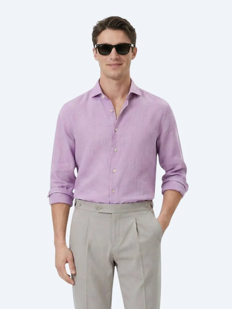 Kip Lilac Plain Regular Fit Long Weaving Casual Cotton Blended Shirt