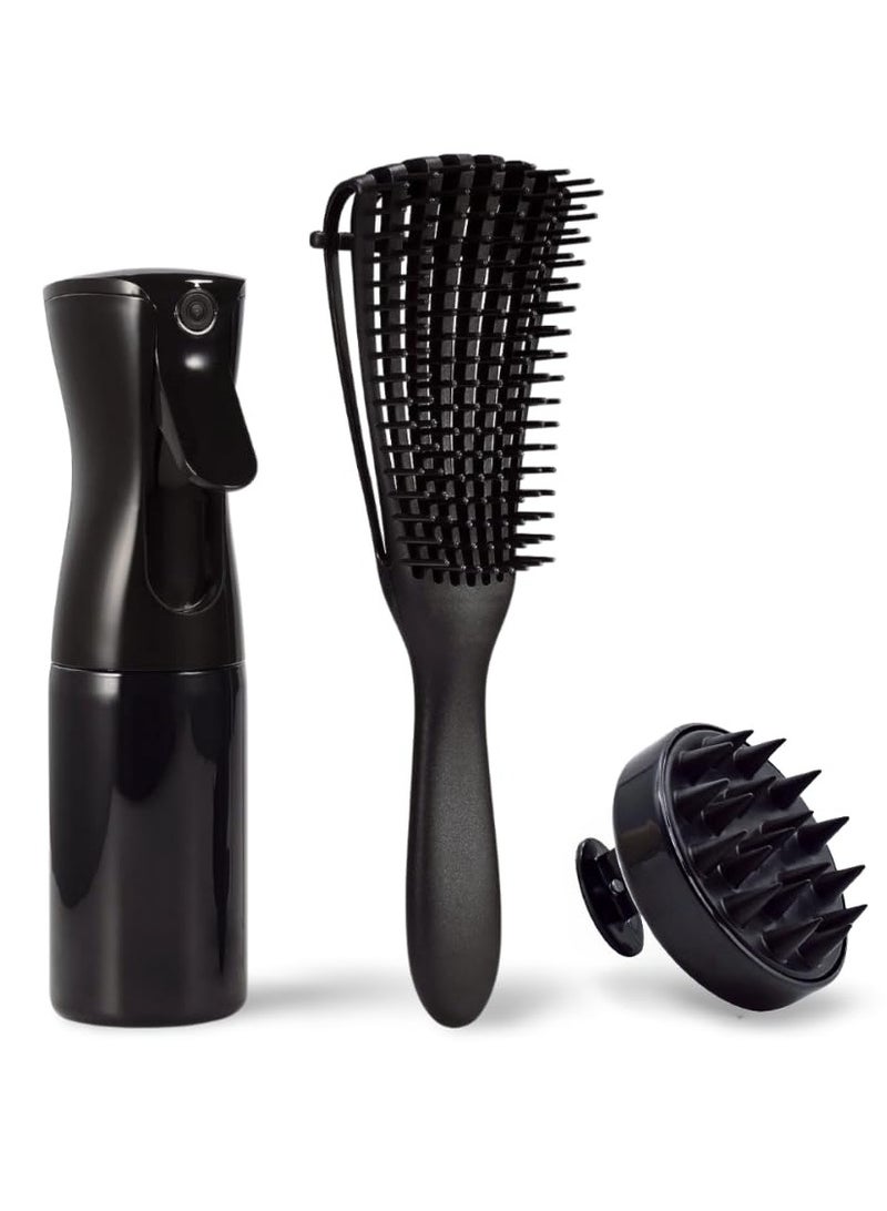 KHAJUL 3 PCS Detangling Brush Set,Hair Spray bottle, Hair Scalp Massager Shampoo Brush, Exfoliate and Remove Dandruff - Detangling Brush for Natural Hair for Men Women kids (Black) - Image 1