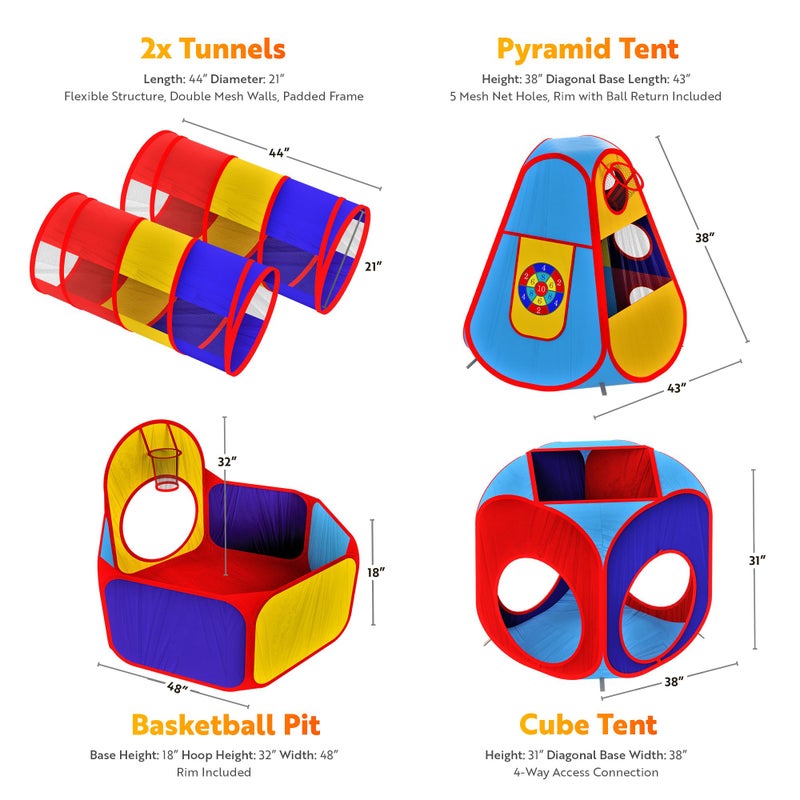 Playz 5pc Kids' Play Tents & Tunnels - Ball Pit for Toddlers, Basketball Hoop, Crawling Tubes, Pop-Up Playhouses, Baby Obstacle Course for Indoor or Outdoor Use - Image 2