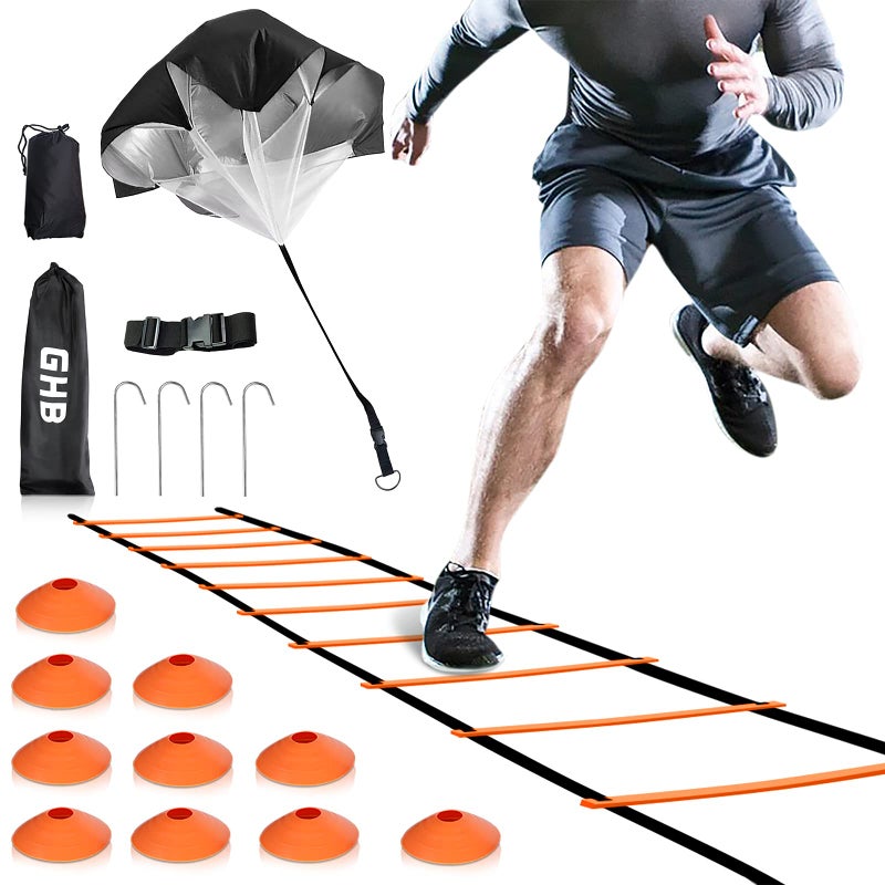 GHB Agility Ladder Speed Training Ladder 20 Feet 12 Rung Exercise Ladder 10 Disc ConesResistance ParachuteFootball Training Equipment Set