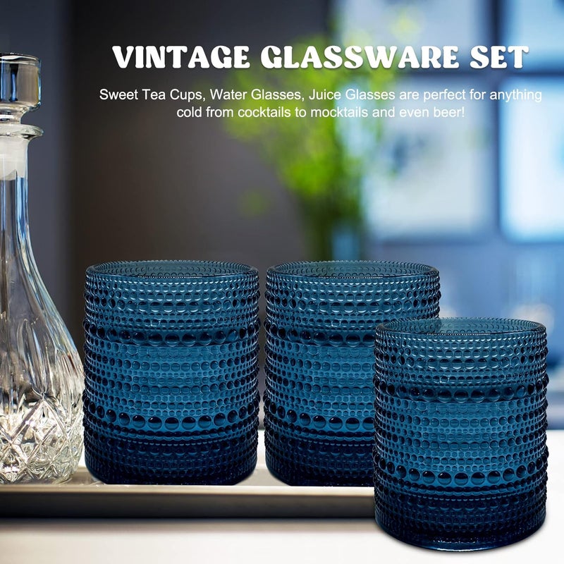 Set of 4 classic 12-ounce drinking glasses, vintage glass tumblers, aesthetic glasses for cocktails, whiskey, wine, beer, juice, coffee (blue) - Image 3