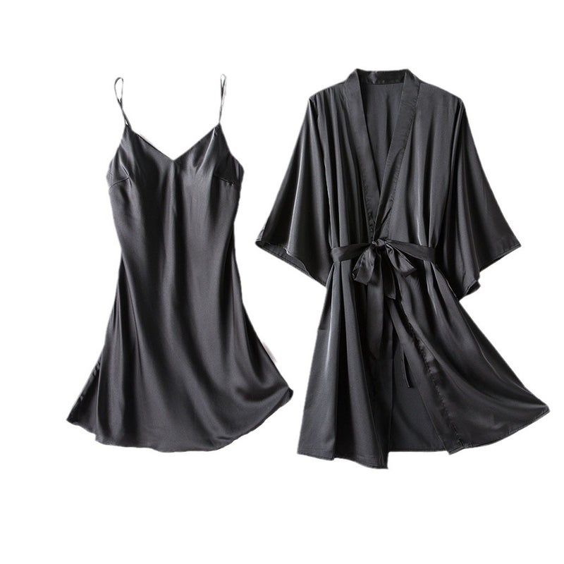 Black Satin Lace Trim Pajama Set for Women - Image 5