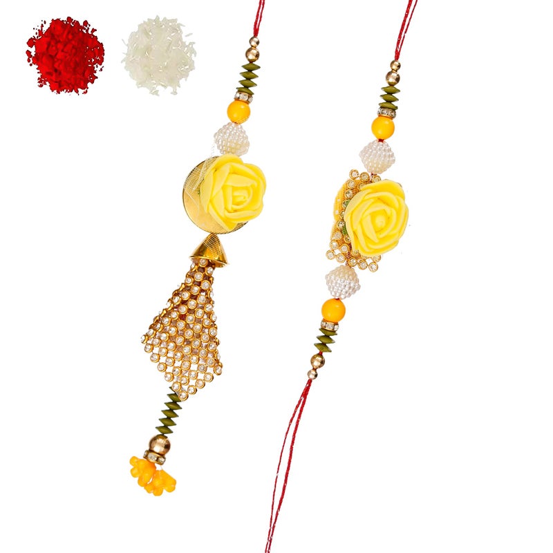 iinfinize Yellow Rose Designer Lumba Rakhis For Women Men Bhaiya Bhabhi | Indian Cultural Chuda Rakhi Set | Elegent Latkan Bhabhi Rakhis with Bhaiya Kalayi Rakhi for Raksha Bandhan With Roli Chawal - Image 1