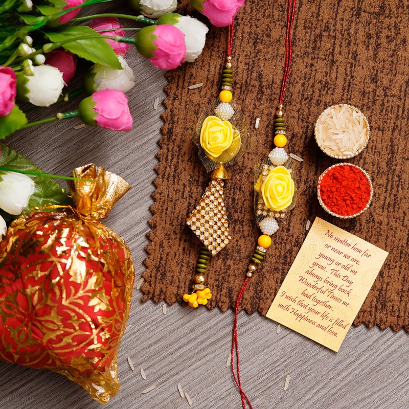 iinfinize Yellow Rose Designer Lumba Rakhis For Women Men Bhaiya Bhabhi | Indian Cultural Chuda Rakhi Set | Elegent Latkan Bhabhi Rakhis with Bhaiya Kalayi Rakhi for Raksha Bandhan With Roli Chawal - Image 2
