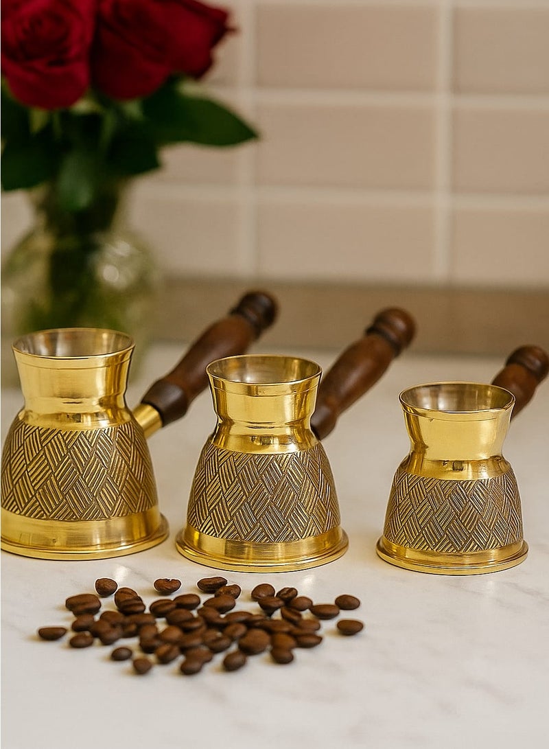 رويال مدفأة قهوة تركية فاخرة من النحاس الأصفر على الطراز التركي إبريق قهوة نحاسي بمقبض خشبي ، طقم تسخين قهوة نحاسي ذهبي 3 قطع - Image 1