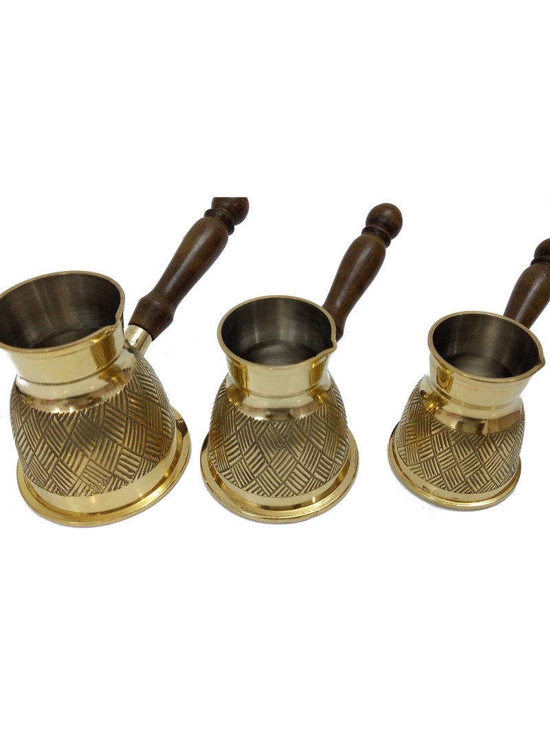 Premium Brass Turkish Coffee Warmer Turkish Style Brass Coffee Pot with Wooden Handle, Gold Brass Coffee Warmer 3 PC Set - pzsku/Z9D00F3F94FF5A0C74C38Z/45/_/1661814900/f4222dfa-83e1-4049-b607-936778c205c5