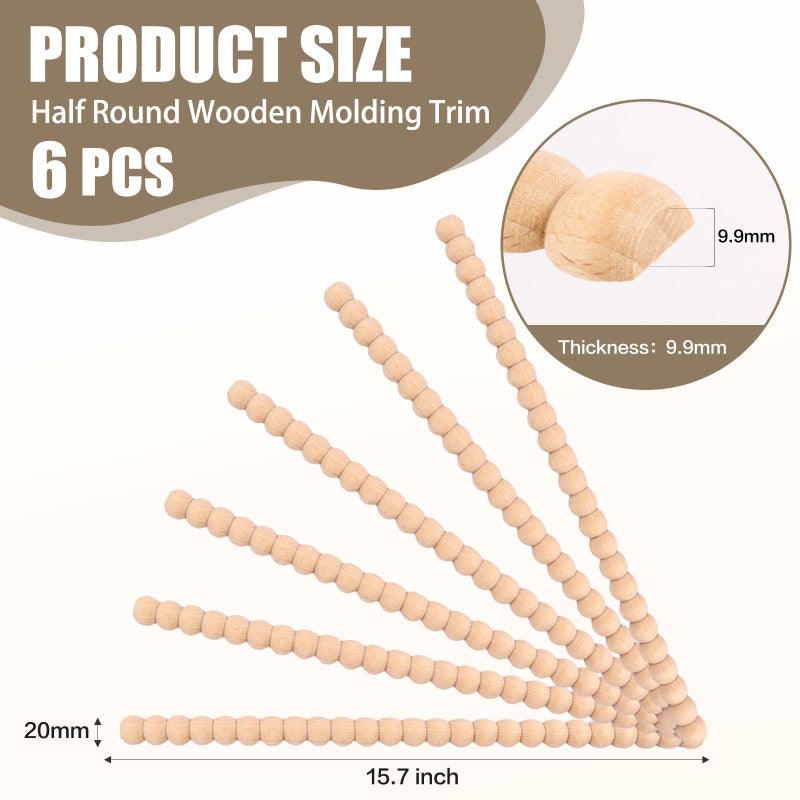 Hamminy Beaded Wood Trim Molding Decorative Half Wooden Bobbin Trim 15.7 Inch Unfinished 3D Decorative Molding Paintable for Home Wall Cabinet Door Window Bookshelf DIY Decoration (20mm, 6 Pcs) - Image 2
