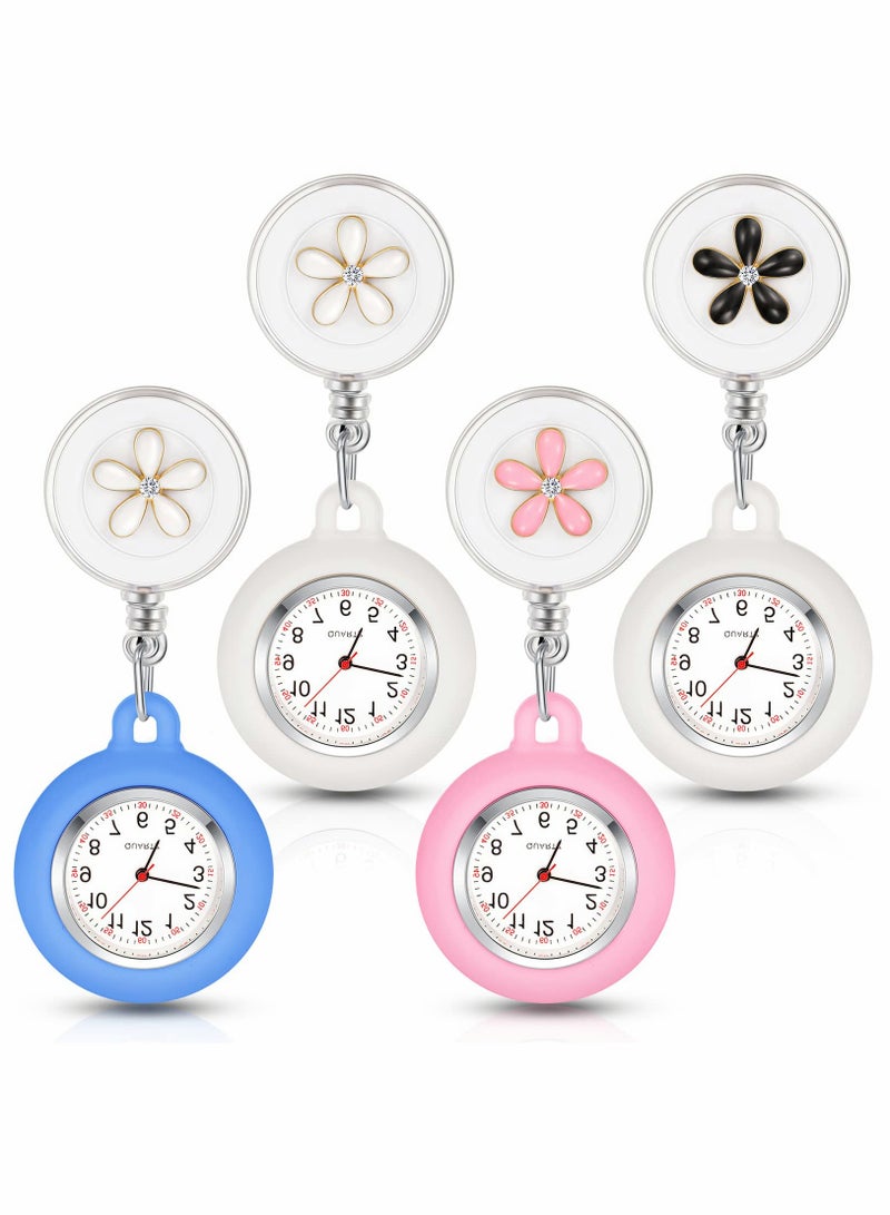 SOLARAE Retractable Nurse Watches, Clip-on Hanging Fob Portable Pocket Watch with Cute Flower Pattern, Lapel Watches for Nurses Doctors with Silicone Cover - Image 1
