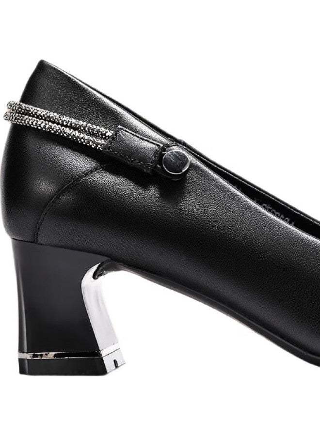 LAORENTOU Spring And Autumn Women'S Flats, Shallow Mouth Mid-Heel Leather Shoes, Chunky Heel Commuter Work Mom Shoes, Lb12272, Black, Size 37 - Image 2