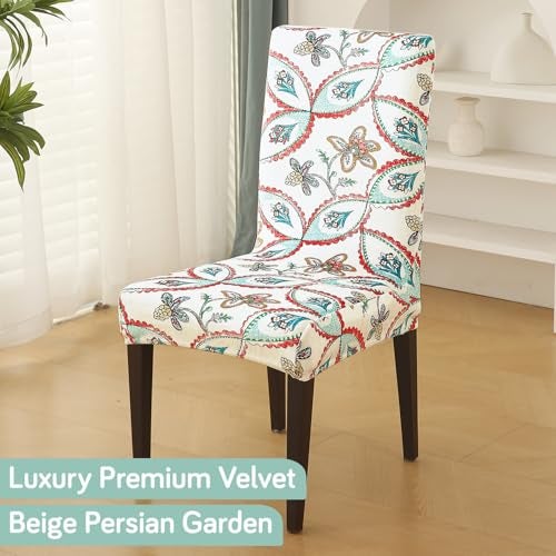 HOKIPO Premium Printed Velvet Dining Chair Cover Set of 1, Beige Persian Garden (AR-5794-D9) - Image 2
