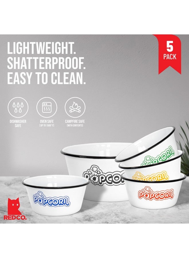 Red Co. Set of 5 White Enamelware Metal Classic 4 Quart and 1.2 Quart Popcorn Bowls, Assorted Color Prints/Black Rim - Image 2